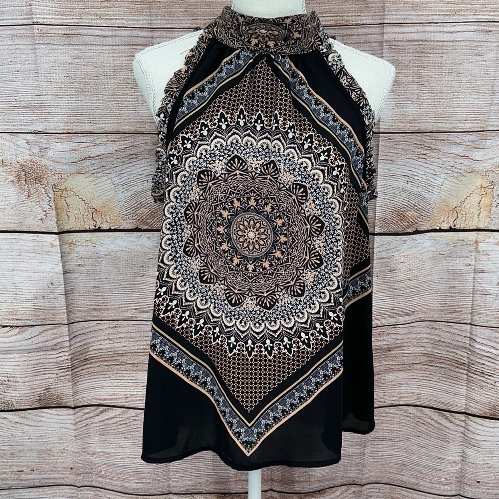 1. State Black and Cream Medallion Patterned Halter Blouse Size M